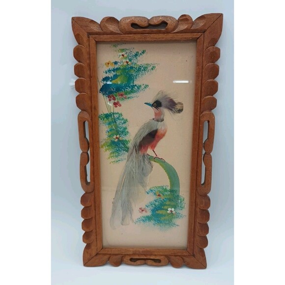 Vintage Mexican Feather Art Framed with Glass Bird Folk Art Feathercraft - Picture 1 of 11